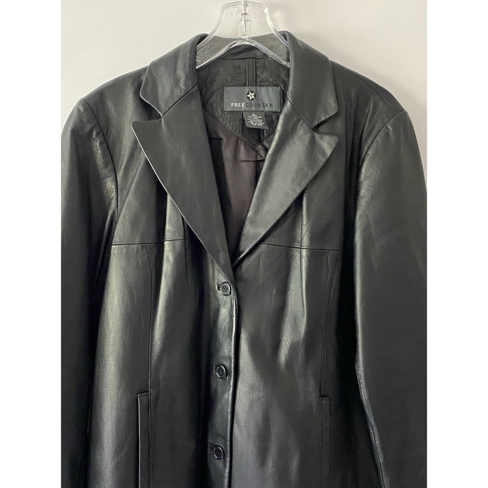 VTG Free Country Black Leather Jacket Women's Large Button Up Lined Streetwear - Picture 2 of 15